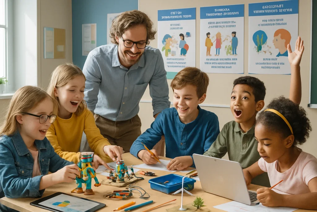 A vibrant classroom scene showcasing a diverse group of enthusiastic students engaged in collaborative project work. Surrounded by interactive learning materials and advanced technology, these students represent various backgrounds and abilities, embodying the spirit of inclusivity. A dedicated teacher provides guidance, fostering an environment that emphasizes creativity and critical thinking. Educational posters on the walls highlight the principles of the Finnish Basic Education Curriculum, creating an inspiring atmosphere of dynamic, student-centered learning.