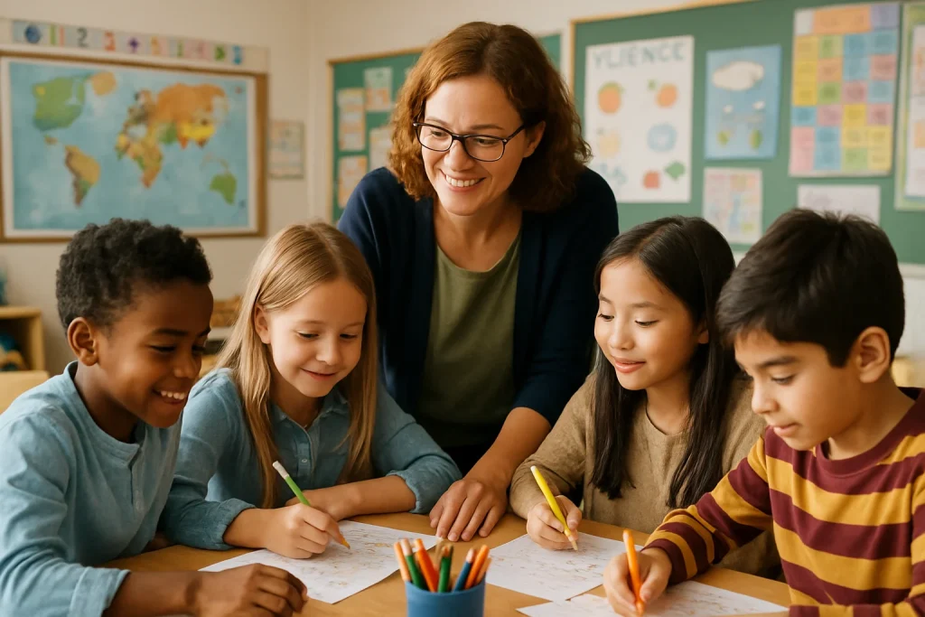 In this vibrant photorealistic scene, a diverse classroom comes alive with the energy of engaged students working together on a project under the guidance of a supportive teacher. The atmosphere is enriched by colorful educational materials, highlighting a student-centered learning approach inspired by the Finnish education model. This image captures the essence of interaction, trust, and collaboration, celebrating the joy of learning in a nurturing environment.