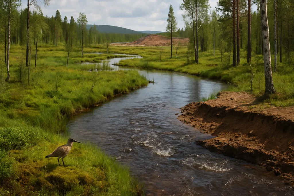 This photorealistic depiction of a Finnish wetland vividly captures the tranquil beauty of diverse ecosystems, from aapa mires to wooded swamps. A gentle river winds through lush vegetation, teeming with wildlife, while subtle hints of nearby mining activities disrupt the serenity—evident in altered water levels and disturbed soil. This image beautifully encapsulates the delicate balance between nature's splendor and the looming impacts of industrial progress.