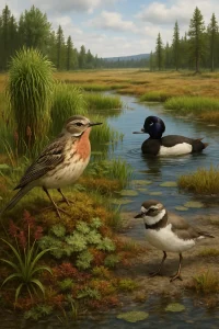 A stunning photorealistic capture of the Viiankiaava Natura 2000 area, showcasing a vibrant tapestry of life. At the heart of this ecological masterpiece, the rare Lapinkirvinen flits among lush wetlands, while the Tukkasotka glides peacefully across the shimmering waters. Nearby, the Tylli diligently searches for food along the sandy shores, framed by the unique Röyhysara and Lettokehräsammal plants. The scene evokes the urgent need for biodiversity preservation in this rich natural sanctuary, celebrating the harmonious coexistence of flora and fauna.