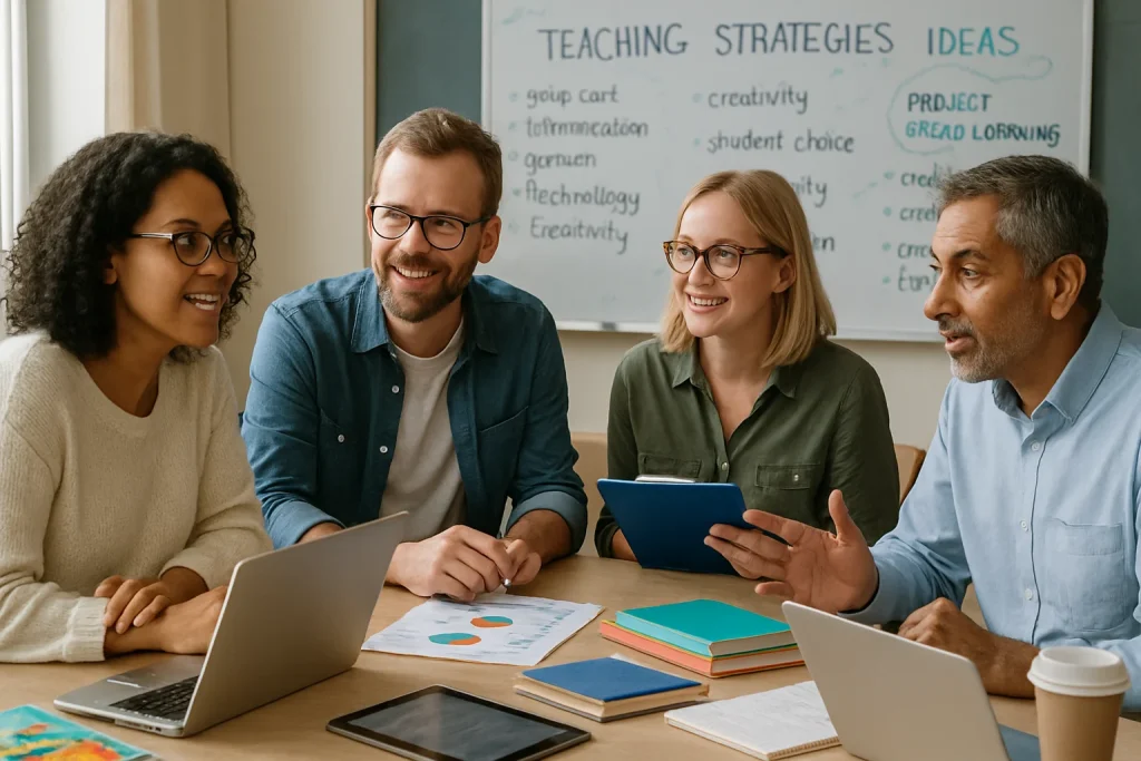 In this vibrant and dynamic workspace, a diverse group of teachers from various backgrounds engages passionately in collaborative discussions. Surrounded by cutting-edge technology and educational resources, they exchange ideas and brainstorm innovative teaching strategies. A whiteboard brimming with colorful notes and concepts illustrates their shared commitment to professional growth. The warm atmosphere radiates creativity and mutual support, embodying the core values of the Finnish education system.