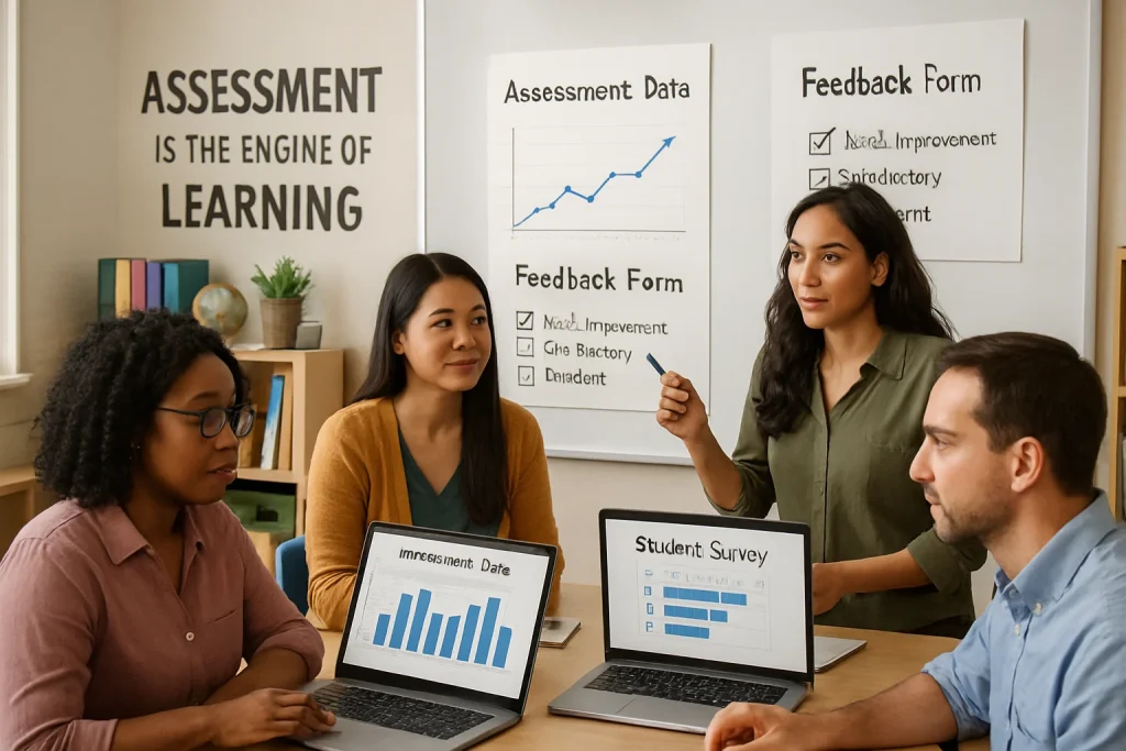 In a vibrant modern classroom, a diverse group of passionate educators delves into student assessment data, exchanging insights and strategies. Laptops glow with colorful charts, while whiteboards showcase feedback forms, all reflecting a steadfast commitment to continuous improvement. Surrounding them, an array of educational tools and inspirational quotes breathe life into the space, emphasizing a student-centered approach that fosters growth and collaboration in learning.