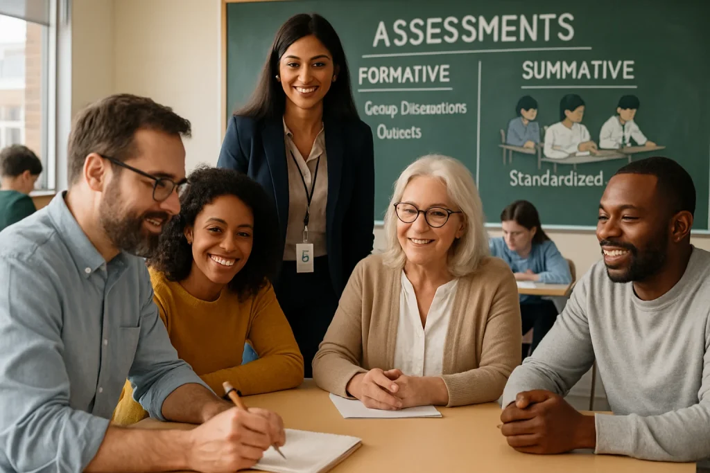 In this vibrant and engaging scene, a diverse group of educators collaborates in a workshop focused on innovative assessment techniques. Set in a flipped classroom, the image captures students actively participating in discussions and quizzes, while a teacher observes, offering vital feedback. In the background, a visual representation of standardized tests underscores the balance between formative and summative assessments. The atmosphere is filled with energy and support, highlighting the critical role of assessments in fostering effective learning outcomes.