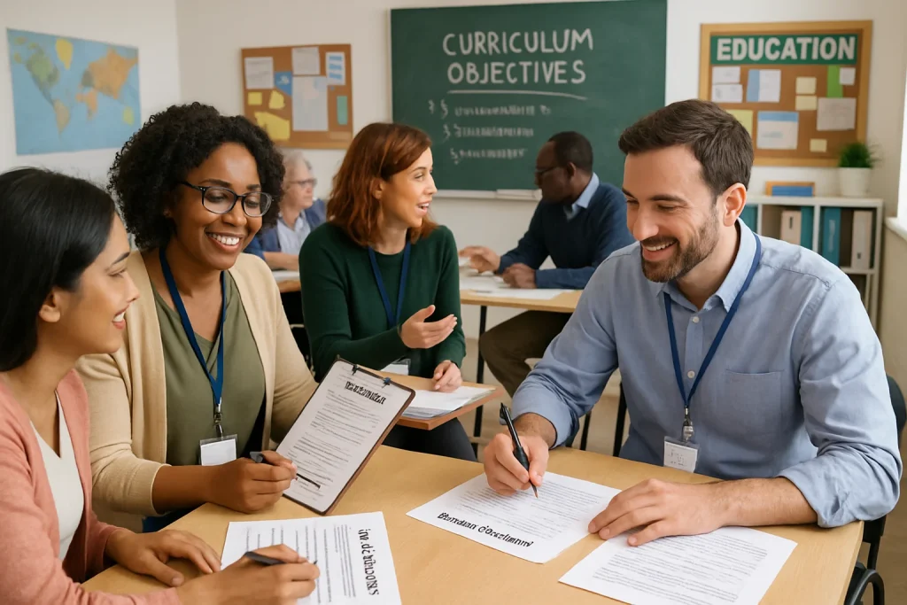 In a vibrant modern classroom, a diverse group of enthusiastic teachers engages in a collaborative workshop. The atmosphere is alive with positivity and shared purpose as they participate in peer evaluations and insightful discussions. Surrounded by colorful educational materials, they analyze student feedback together, embodying the spirit of continuous improvement in education. This photorealistic image captures the essence of professional development, showcasing their commitment to aligning curriculum objectives and fostering a dynamic learning environment.
