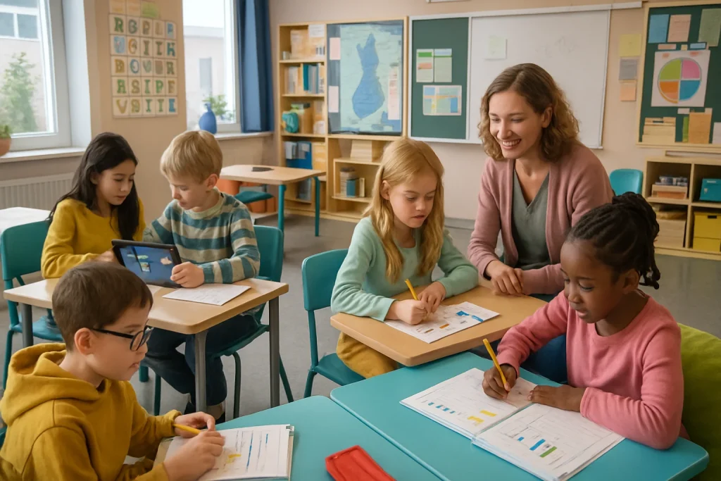This photorealistic depiction of a Finnish classroom captures the essence of adaptive teaching methodologies. A diverse group of students is seen actively engaging in collaborative learning activities under the guidance of a supportive teacher, utilizing customized materials tailored to their unique needs. The modern, inclusive setting features flexible seating and vibrant educational resources, fostering a warm atmosphere that inspires initiative and cultivates self-confidence among students.
