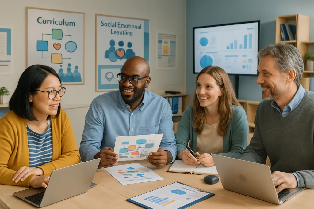 A dynamic and engaging workshop scene showcases a diverse group of educators deeply immersed in collaborative dialogue. They share innovative ideas on curriculum design and social-emotional learning within a sleek, modern training space, adorned with digital tools, visual aids, and resources that embody the principles of personalized learning in Finnish education. The atmosphere radiates empathy and community support, emphasizing the pivotal role of social skills in fostering a nurturing educational environment.