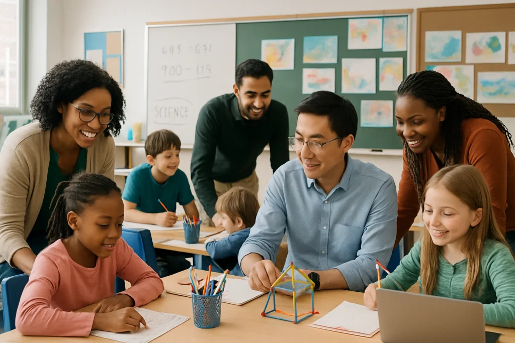 In a vibrant modern classroom, a diverse group of teachers of varied ethnic backgrounds actively engages with their students. As they facilitate dynamic discussions and guide creative projects, the atmosphere is filled with collaboration and encouragement. The room is bright and inviting, adorned with educational materials and inspiring student artwork, reflecting a strong mentorship dynamic. This photorealistic portrayal captures the essence of personalized learning, where educators are not just teachers but passionate mentors fostering emotional support and empowerment among the next generation.