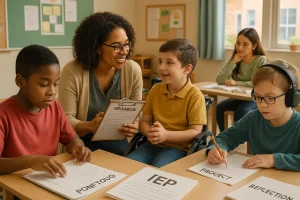 A warm, inclusive classroom buzzes with activity as a diverse group of special education students engages in personalized learning assessments. The teacher circulates, utilizing checklists and observation tools, while students collaborate on project-based tasks, proudly showcasing their portfolios. Visible Individualized Education Programs (IEPs) on desks underline the tailored approach to education. The scene radiates support and engagement, capturing the essence of effective assessment techniques in special education.