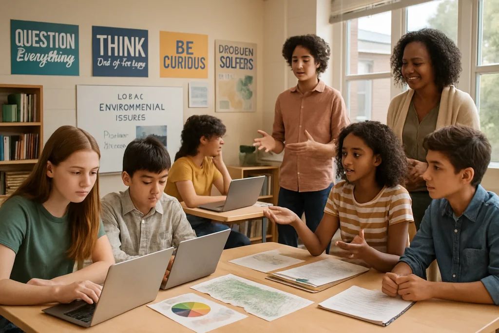 In this vibrant classroom scene, a diverse group of students collaborates on an environmental project, embodying the spirit of inquiry-based learning. The room buzzes with creativity as they analyze data and present ideas, all under the guidance of a supportive teacher. Sunlight streams through the windows, illuminating the posters that inspire critical thinking and real-world problem-solving, capturing the essence of active learning and teamwork.