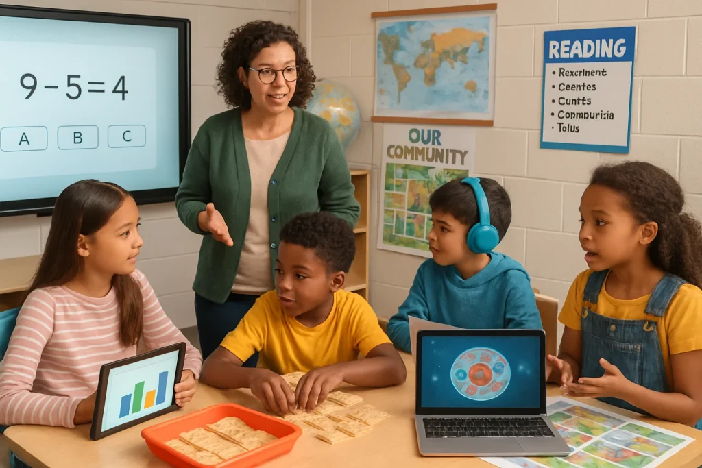 In a vibrant classroom teeming with diversity, students from various backgrounds immerse themselves in a rich educational experience. Interactive digital tools flicker on screens while colorful community maps adorn the walls, embodying inclusivity. Teachers guide meaningful discussions, utilizing visual aids that enhance understanding. Group activities spark collaboration, reinforcing the importance of personalized learning in a dynamic, supportive environment.