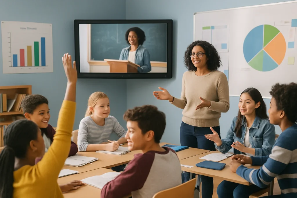 In this vibrant classroom scene, diverse students of various backgrounds are fully immersed in their learning journey, surrounded by colorful charts and engaging multimedia presentations. The dynamic teacher facilitates group discussions and collaborative activities, fostering an inclusive and motivating atmosphere that celebrates the power of student-centered education. This photorealistic image captures the essence of teamwork, curiosity, and the joy of learning together.