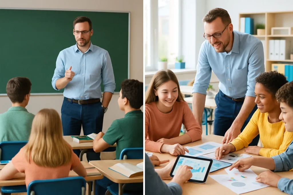 This striking photorealistic image captures the juxtaposition of traditional and modern educational approaches within a classroom. On one side, the conventional scene shows a teacher lecturing to passive students sitting at desks, surrounded by textbooks and rigid materials. In contrast, the opposite side showcases a vibrant environment where the same teacher facilitates small-group discussions, with students engaging with digital tools and interactive materials. The bright and inviting atmosphere symbolizes a shift towards a dynamic, student-centered learning experience.