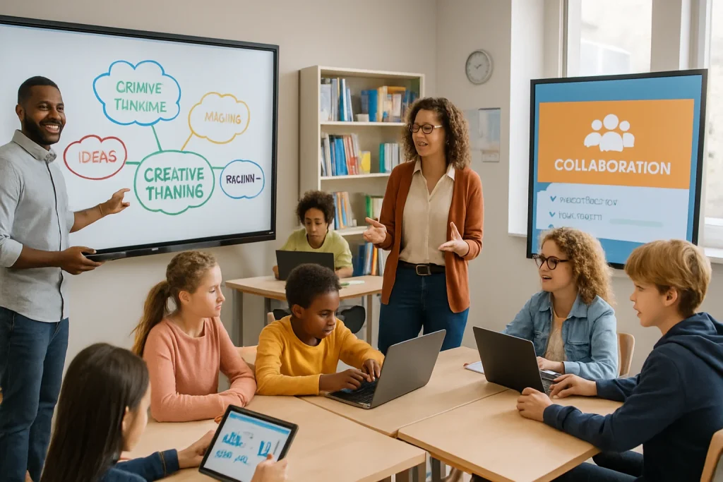 This dynamic classroom scene showcases a vibrant learning environment where teachers of various backgrounds guide students through interactive technology. Students engage in collaborative projects using modern devices, while innovative teaching tools foster critical thinking and communication skills. The atmosphere radiates enthusiasm and adaptability, symbolizing a progressive approach to education that prepares learners for the challenges of tomorrow.
