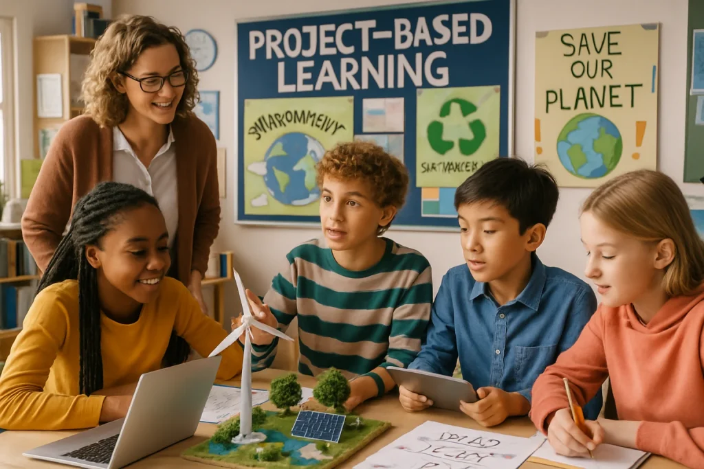 In a vibrant classroom alive with collaboration, a diverse group of students dives into a hands-on science project focused on environmental sustainability. Lively brainstorming sessions unfold under colorful posters of eco-friendly initiatives, as digital devices support their innovative ideas. A dedicated teacher facilitates this inspiring Project-Based Learning environment, where teamwork and critical thinking fuel their creativity, embodying the essence of modern education embraced by Finland's student-centered philosophy.