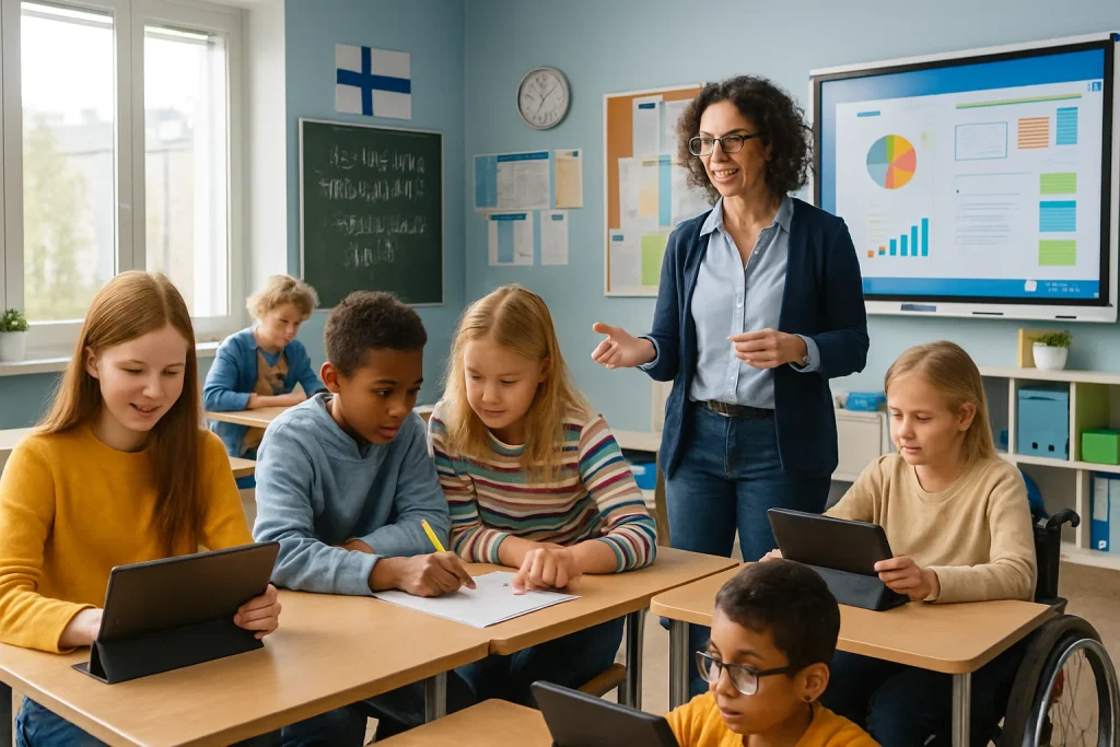 This photorealistic depiction showcases a modern Finnish classroom where diverse students engage in personalized learning. The image highlights the integration of technology, featuring tablets and smartboards, as well as a vibrant environment that encourages collaborative group work. The teacher's role as a facilitator is evident, guiding interactions among students from various backgrounds and abilities, symbolizing the transformative impact of social and technological changes on educational practices.