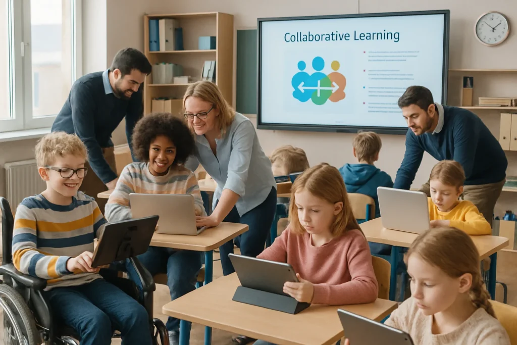 Step into a vibrant classroom where innovation meets inclusivity. Here, students of diverse backgrounds harness the power of technology—tablets, laptops, and interactive whiteboards—to fuel their creativity and collaboration. A student utilizing assistive technology exemplifies the commitment to accessibility, while teachers provide tailored support, ensuring every voice is heard. A digital presentation serves as a hub for collective learning, embodying the principles of the Finnish education system, where engagement and student-centered approaches create a dynamic and inspiring educational environment.