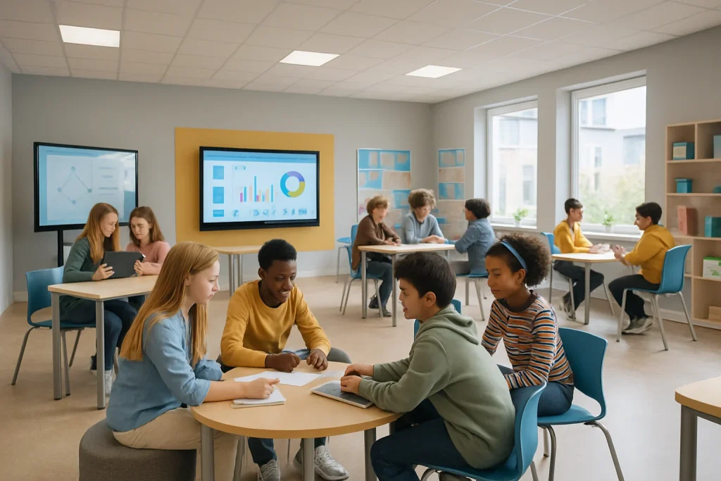 This photorealistic image captures a modern classroom designed to inspire future-ready education. With flexible seating arrangements and collaborative workspaces, students from diverse backgrounds engage in group activities, demonstrating teamwork and social interaction. Sunlight floods the room, revealing a perfect blend of contemporary design and warm elements. High-tech features like interactive screens and digital tools elevate the learning experience, reflecting the principles of the Finnish educational system. The atmosphere is vibrant, inclusive, and creatively charged, showcasing a dynamic approach to 21st-century education.