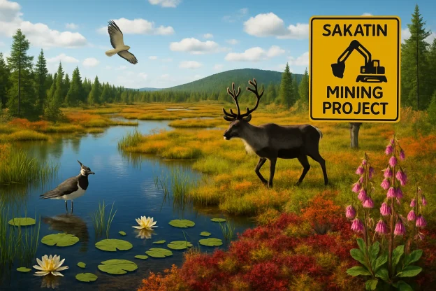 This vibrant capture of the Viiankiaava Natura 2000 area showcases its lush landscapes teeming with diverse flora and fauna, juxtaposed against the looming threat of the Sakatin mining project. Vivid colors bring to life the shimmering waters and thriving ecosystems, while the image evokes an urgent message to protect this pristine habitat. It's a poignant reminder of the delicate balance between natural beauty and environmental preservation.