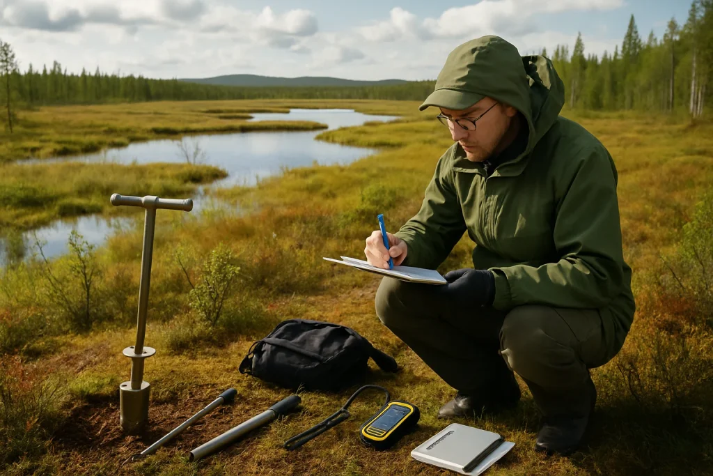 This captivating image showcases the picturesque Viiankiaava Natura 2000 area, where diverse natural habitats thrive. In the foreground, a dedicated researcher in field gear conducts crucial environmental assessments, equipped with soil sampling tools and data recording devices. The soft, natural lighting accentuates the beauty and delicate vulnerability of this unique ecosystem, emphasizing the important conservation efforts needed to protect it from mining impacts.