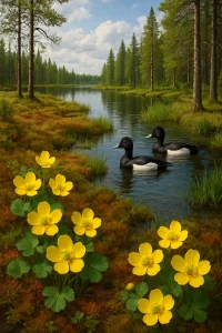 A breathtaking photorealistic portrayal of the Viiankiaava Natura 2000 area, illustrating its rich tapestry of ecosystems, including serene peat bogs, shimmering lakes, and lush forests. The delicate lapinleinikki flowers and graceful tukkasotka ducks inhabit their native realms, reminding us of the urgent need for biodiversity conservation. This image serves as a poignant reflection on the ecological balance within this vital region, highlighting the potential threats from the Sakatti mining project and the critical importance of preserving these unique habitats and their inhabitants.