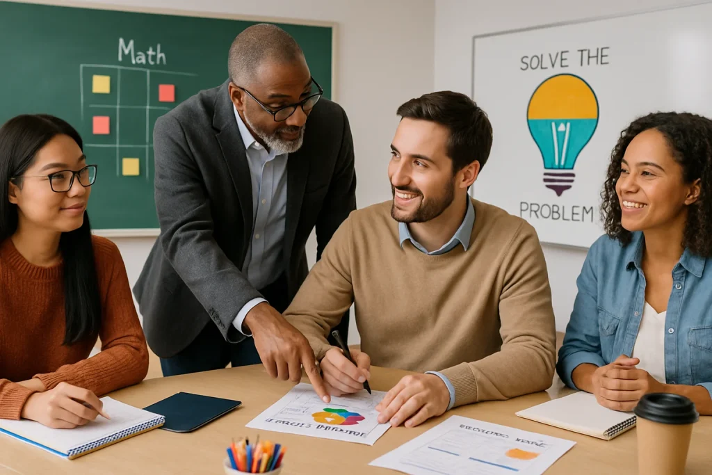 In this vibrant and engaging classroom scene, a seasoned educator passionately guides a novice teacher, embodying the spirit of mentorship and professional growth. Surrounding them, a diverse group of educators collaborates, exchanging ideas and observing innovative teaching techniques. With educational tools and lesson plans in hand, their collective energy radiates support and teamwork, creating a nurturing atmosphere where both new and experienced teachers thrive in their quest for excellence.