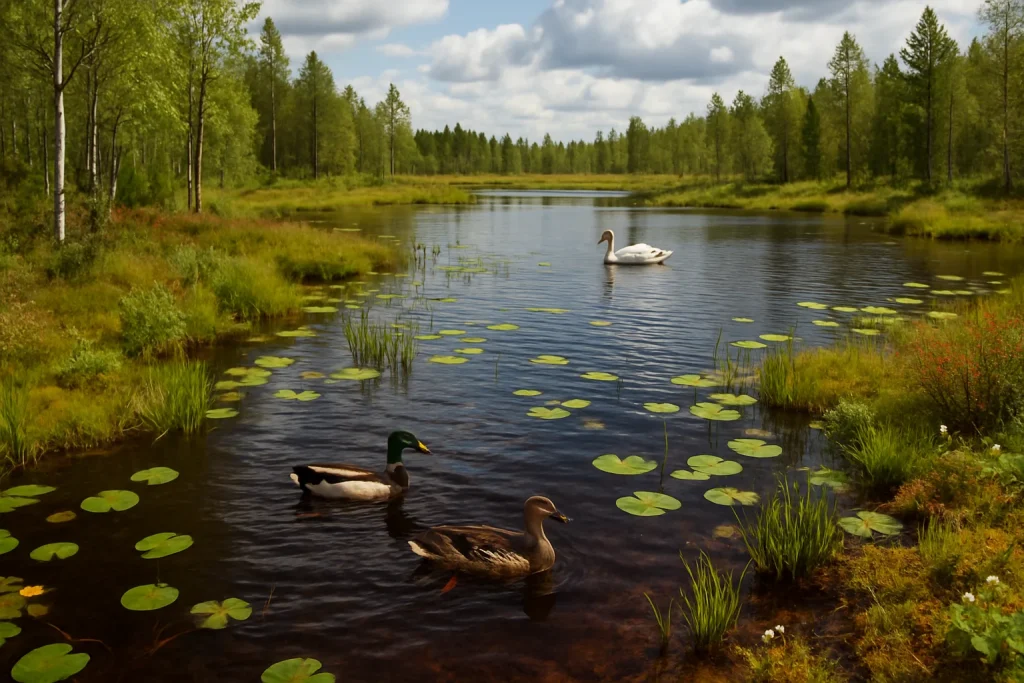 A stunning photorealistic depiction of the Sakattilammet lakes, showcasing their humus-rich ecosystem within the Viiankiaava Natura 2000 area. The image reveals the delicate interplay of water levels, surrounding flora, and diverse fauna, including graceful waterfowl and vibrant plant species. This serene yet poignant scene highlights both the beauty and the environmental challenges faced by these lakes, serving as a call for conservation and proactive monitoring to protect this fragile habitat.