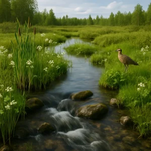 This captivating photograph reveals the tranquil beauty of the Viiankiaava Natura 2000 area, where crystal-clear waters weave through a tapestry of lush vegetation. Diverse wildlife thrives in this delicate ecosystem, showcasing the vital bond between flowing streams and the health of surrounding flora and fauna. The image serves as a poignant reminder of the importance of water management in the face of industrial pressures, particularly highlighting the potential impacts of the Sakatti mining project.