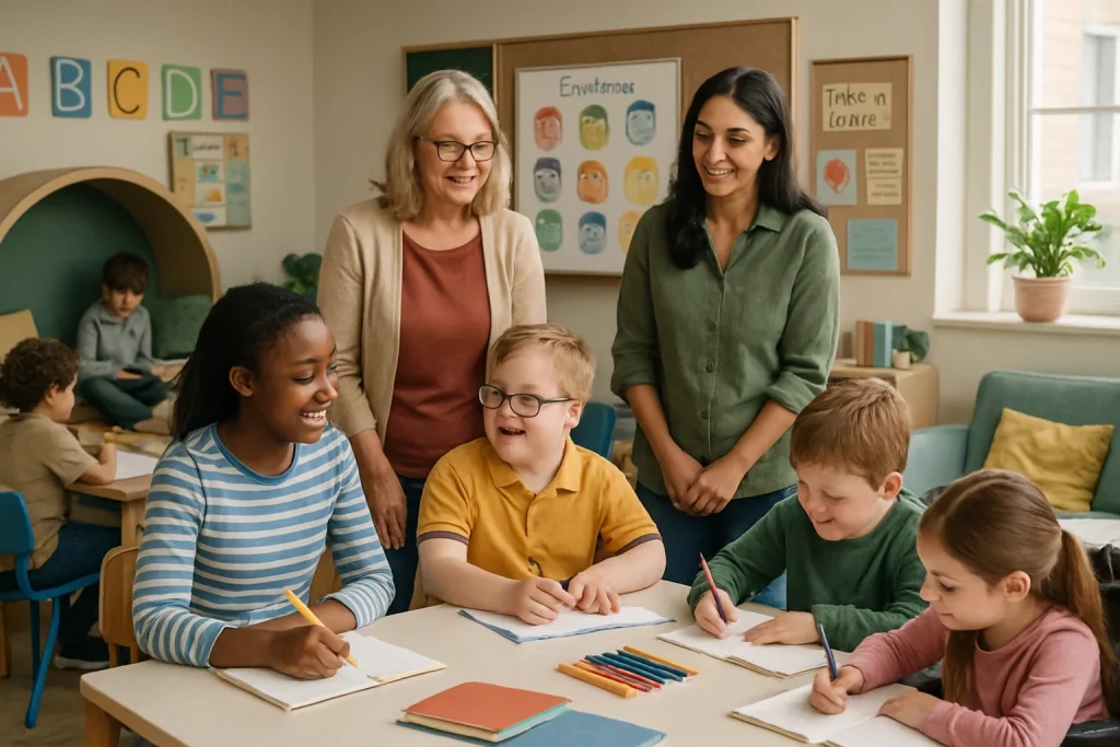 This photorealistic image captures a vibrant classroom scene where diversity flourishes. A special education teacher and a general education teacher work harmoniously to guide students of varying abilities through collaborative learning activities. Flexible seating arrangements encourage interaction, while personalized learning materials reflect each student's unique needs. The inclusion of a cozy reading nook and mental health resources highlights the commitment to emotional well-being. The students engage with one another passionately, exemplifying support and community, all within the context of Finland's progressive educational approach.