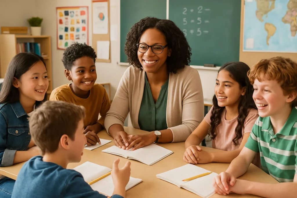 A vibrant and photorealistic scene capturing a diverse group of students actively engaged in discussion with their teacher. The image radiates warmth and collaboration, showcasing students from different backgrounds sharing ideas in a bright, welcoming classroom filled with educational materials. Expressions of excitement, respect, and trust are evident, illustrating the powerful relationships being built in an inclusive learning environment.