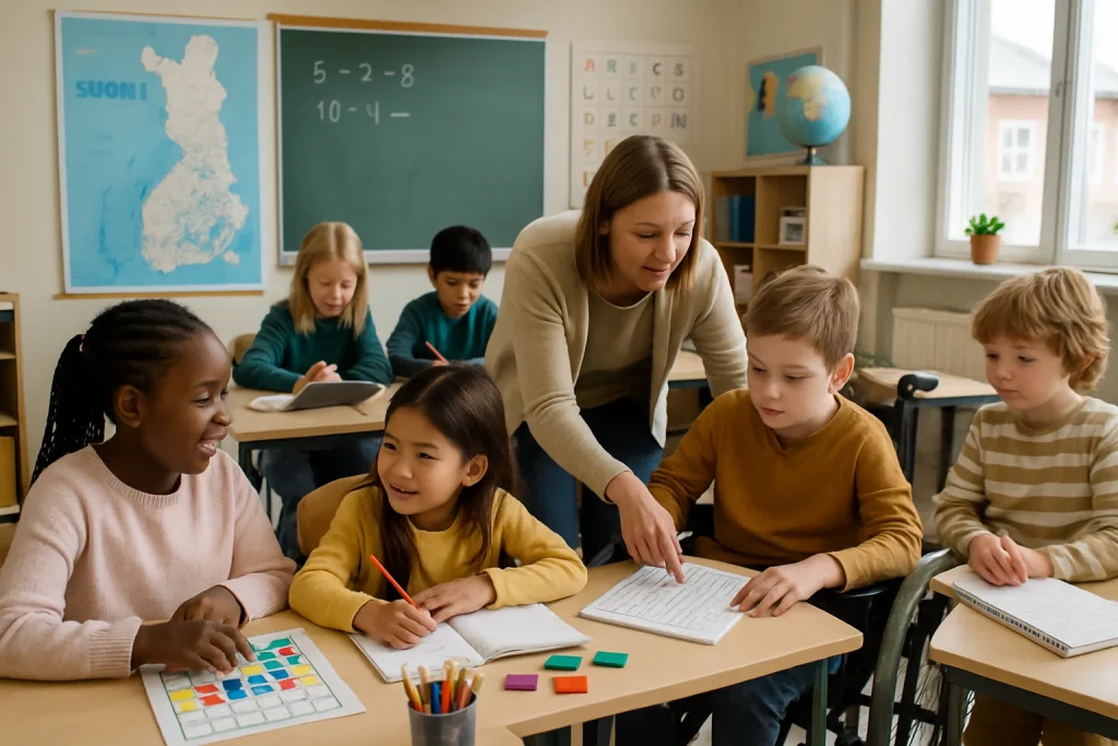 This photorealistic image captures the essence of a diverse and inclusive Finnish classroom where students of various backgrounds and abilities are engaged in collaborative learning. The warm atmosphere highlights innovative teaching practices, with a supportive teacher assisting a student with special educational needs. Educational materials and accessibility tools are thoughtfully integrated into the environment, showcasing Finland's commitment to tailoring educational opportunities for every learner.