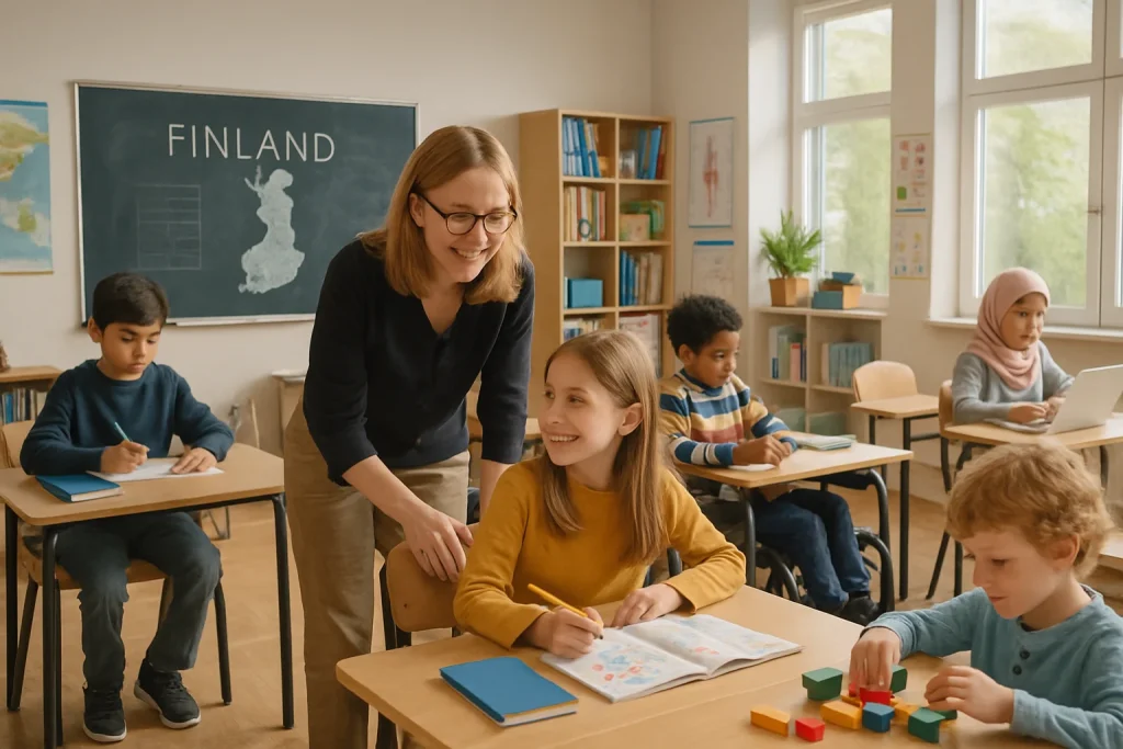 Step inside a vibrant Finnish classroom where diversity flourishes and every student's potential is nurtured. This photorealistic scene captures a harmonious blend of cultures and abilities, showcasing a teacher engaging with learners at personalized workstations. Sunlight filters through spacious windows, casting a warm glow on interactive resources and customized curricula, embodying the spirit of inclusive education that champions individuality and collaboration.