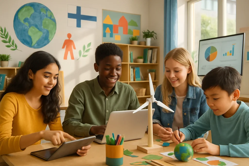 A vibrant and dynamic classroom scene featuring a diverse group of students engaged in collaborative activities, embodying a holistic educational approach. The image showcases students using digital tools and participating in hands-on projects that emphasize creativity and sustainability, all set within an innovative space that reflects Finnish educational values and cultural diversity.