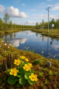 A breathtaking photorealistic portrayal of the Viiankiaava Natura 2000 area, showcasing its vibrant flora such as lapinleinikki and isonuijasammal, alongside a tranquil water body mirroring the clear sky above. Subtle elements of environmental monitoring, like data collection devices and observation points, are integrated harmoniously, symbolizing the commitment to preserving the delicate balance between mining activities and the lush natural environment. This image beautifully encapsulates the essence of sustainable environmental management.