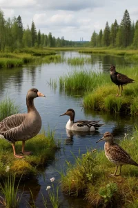 This photorealistic capture of Viiankiaava Natura 2000 area unveils a vibrant wetland teeming with life. Tranquil waters reflect the lush greenery, while the vulnerable white-fronted goose, threatened northern pintail, vulnerable ruff, and critically endangered Great snipe grace this peaceful habitat. The scene not only highlights the beauty of these birds in their natural environment but also serves as a poignant reminder of the urgent need for conservation against looming industrial threats.