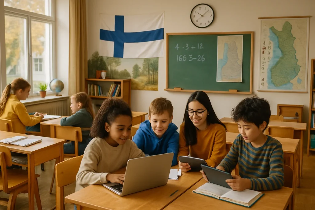 A vibrant classroom scene in Finland, where diversity thrives and collaboration flourishes. Students of various backgrounds are engaged in group activities, utilizing modern technology amidst traditional Finnish wooden desks and nature-inspired decor. The walls are adorned with educational materials that reflect a deep cultural heritage, embodying the evolution of the Finnish education system from its roots to contemporary practices.