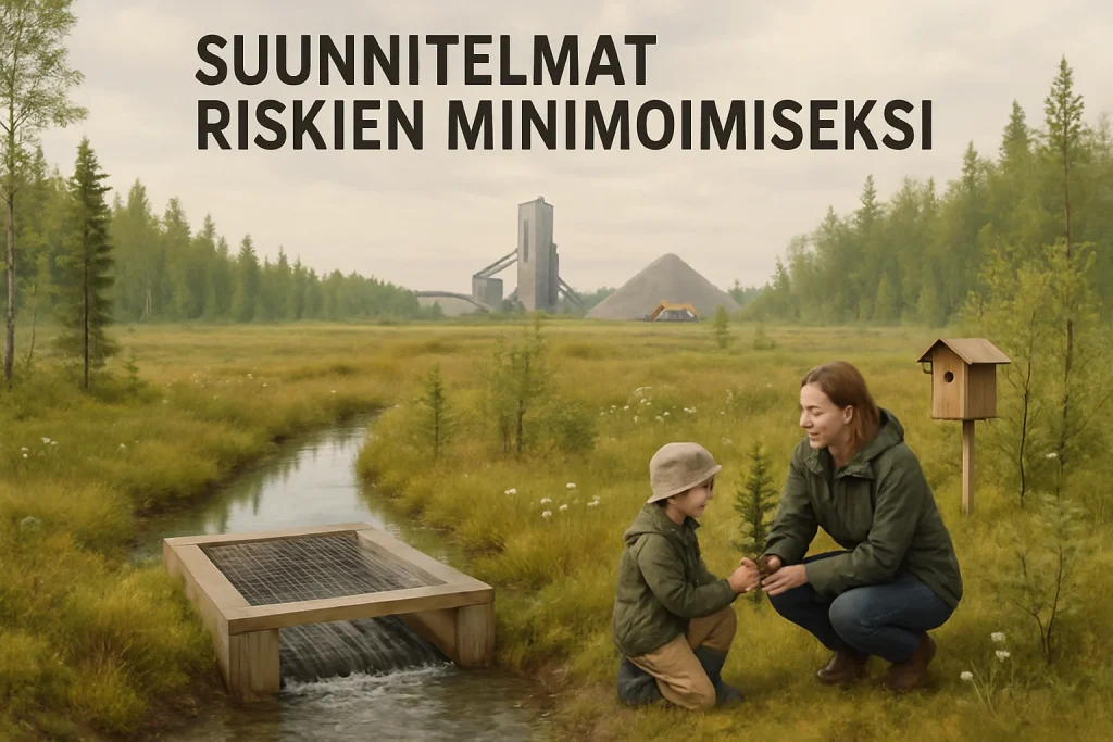 A picturesque scene from the Viiankiaavan Natura 2000 area, showcasing the delicate balance between mining operations and the serene environment. The foreground features lush greenery and tranquil waters, while the background subtly incorporates mining elements. Visuals of water management systems and community efforts to protect local habitats are woven throughout, emphasizing sustainable practices. The soft color palette evokes a sense of calm, highlighting the strategies employed to minimize risks and preserve biodiversity in this coexistence.