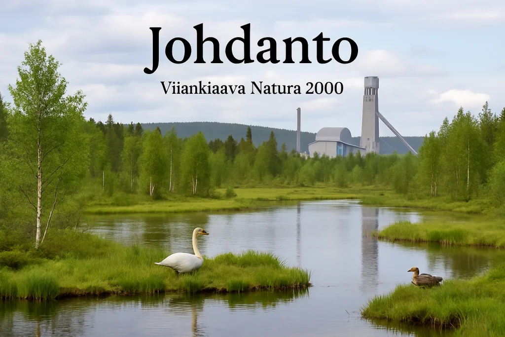 This stunning image captures the tranquil beauty of the Viiankiaava Natura 2000 area, where lush greenery meets serene water bodies, teeming with wildlife. In the background, subtle hints of mining infrastructure represent the Sakatti multi-metal deposit project, embodying the delicate balance of nature conservation and industrial development. Perfectly designed for the educational article 'Johdanto', it showcases the importance of sustainable practices in our ever-evolving landscape.