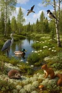 A stunning photorealistic portrayal of the Viiankiaava Natura 2000 area, capturing a vivid tapestry of diverse plant species thriving alongside crystal-clear water sources. The scene comes alive with the presence of vibrant birds fluttering overhead and small mammals scurrying through the lush undergrowth. This idyllic ecosystem serves as a poignant reminder of the delicate balance of nature, showcasing indicators of environmental health, including thriving vegetation, rich soil, and pure air. However, the looming shadow of potential mining activities warns of impending threats to this biodiverse paradise.