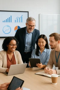 This vibrant image captures a diverse cohort of educators immersed in a dynamic teacher training session. Set in a modern classroom equipped with cutting-edge technology, the scene highlights enriching mentor-mentee interactions and collaborative discussions. Hands-on activities abound, with laptops and tablets facilitating learning. In the background, charts and graphs signal ongoing professional growth, while the overall atmosphere radiates innovation, inclusivity, and support.