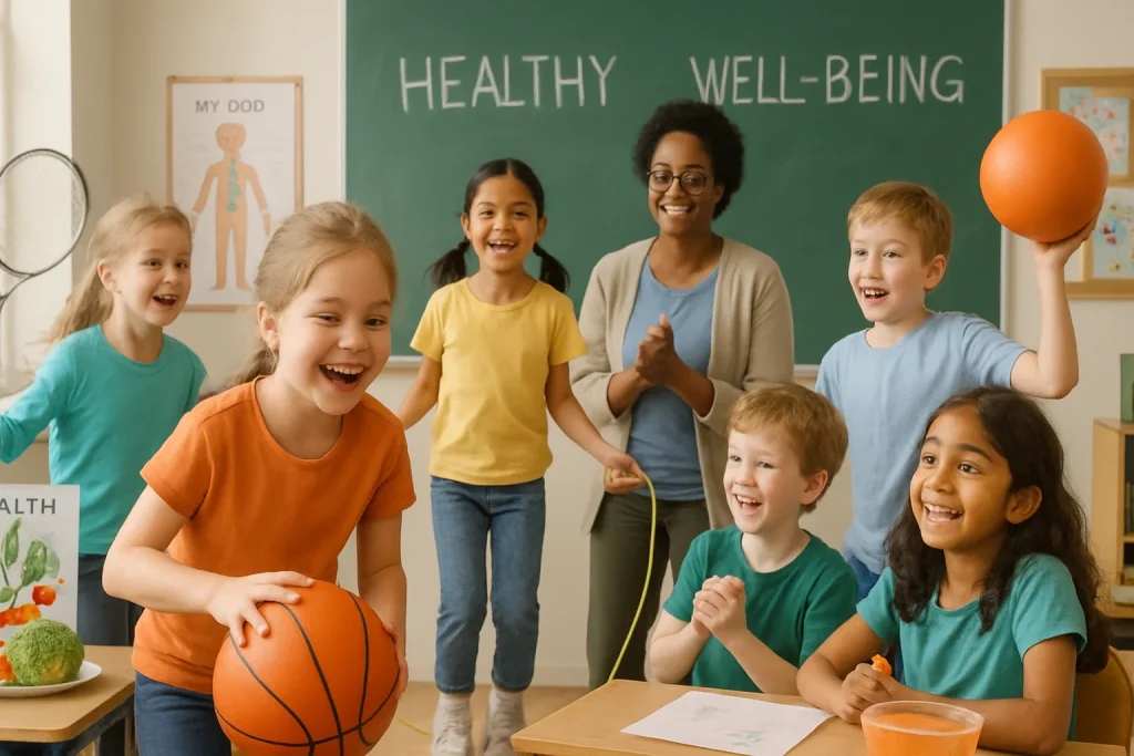 A vibrant scene brimming with energy and happiness shows a diverse group of children playing sports and engaging in health workshops, set against a backdrop of a bright classroom and a sunny outdoor environment. Their smiles reflect the spirit of teamwork and inclusion, embodying the Finnish education philosophy of nurturing both physical health and mental wellness. Educational materials and healthy snacks are thoughtfully placed around, while supportive adults can be seen encouraging the children's activities, reinforcing the message of holistic well-being.