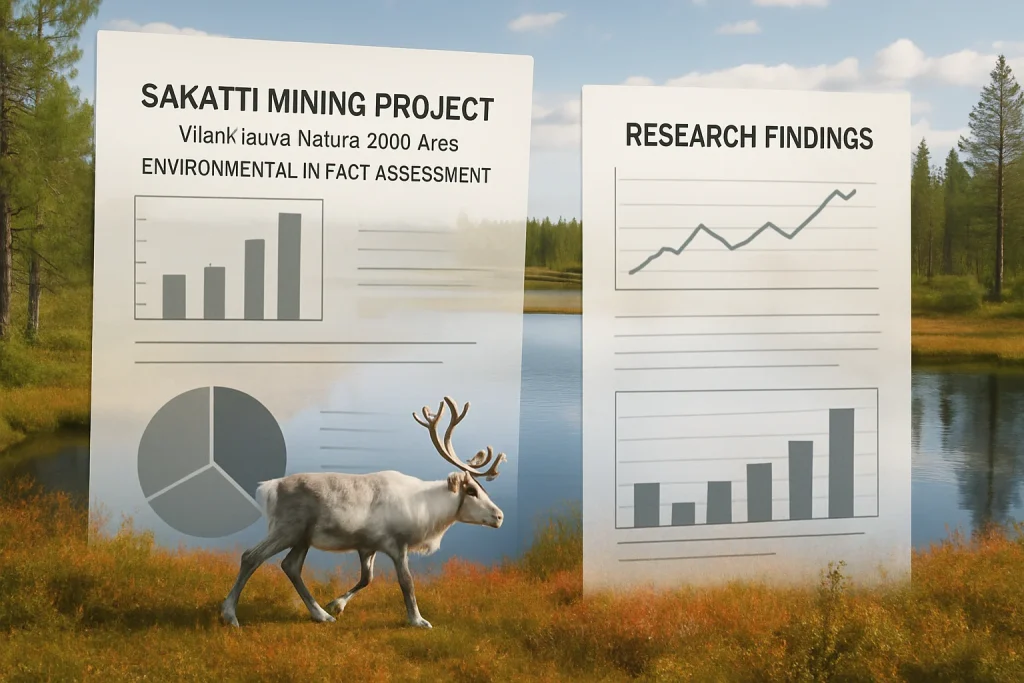 A captivating blend of tranquility and investigation, this image portrays the serene Viiankiaava Natura 2000 landscape, rich with wildlife and natural beauty. Overlaying this picturesque scene are subtle, translucent charts and graphs, symbolizing the meticulous research and findings related to the Sakatti mining project. The composition emphasizes the delicate interplay between environmental preservation and scientific inquiry, showcasing the necessity of thoughtful exploration in safeguarding our natural habitats.