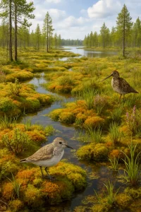A breathtaking photorealistic portrayal of the vibrant aapasuot landscape at Viiankiaava. This image showcases the lush layers of sphagnum moss and a rich diversity of plant life thriving in waterlogged patches, emphasizing the delicate balance of moisture levels in this unique wetland ecosystem. Characteristic fauna like the jänkäsirriäinen and jänkäkurppa elegantly navigate their natural habitat, framed by tranquil water bodies that reflect the beauty of springtime in this serene and biodiverse environment.