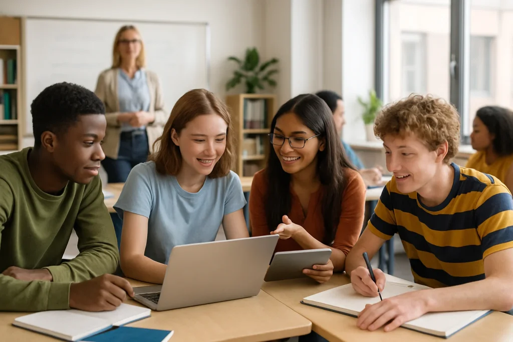 This photorealistic image captures a vibrant classroom atmosphere where diverse students collaborate on projects, deeply engaged in discussions. The modern setting is filled with sunlight and furnished with technology, showcasing each student's unique study program through laptops and notebooks. A teacher facilitates from the background, nurturing an environment of curiosity and motivation. The image beautifully illustrates the synergy of social skills and critical thinking within a community of learners, making education a dynamic and interactive journey.