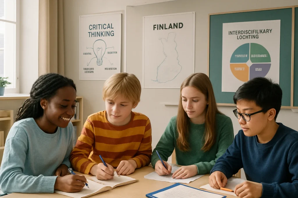 A captivating photorealistic scene showcasing a diverse group of students actively collaborating in a modern Finnish classroom. Bathed in natural light, the minimalistic design features innovative teaching tools and streamlined educational materials, embodying the spirit of critical thinking and interdisciplinary learning. This image symbolizes the transformative essence of curriculum reform, focusing on essential knowledge and skills for the next generation.
