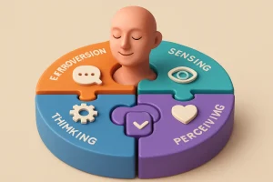 This vibrant 3D illustration artistically captures Jung's model of personality by contrasting the dual options of Extroversion vs. Introversion, Sensing vs. Intuition, Thinking vs. Feeling, and Judging vs. Perceiving. Each pair is represented by unique colors and symbols, skillfully intertwined to symbolize their interconnectivity and the harmony found in balancing these traits. The artwork serves as a visual metaphor for self-awareness and personal growth, appealing to both professional and personal contexts.