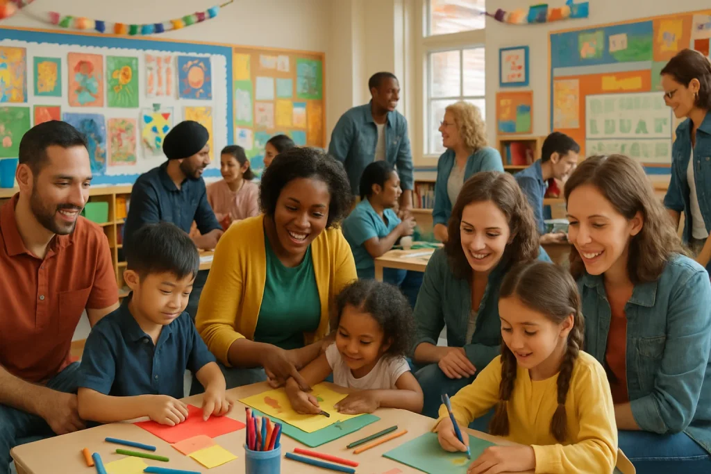 A heartwarming scene capturing the essence of community and collaboration at a school event, where diverse parents and community members join together in an engaging workshop. This photorealistic image showcases individuals from multiple cultural backgrounds, interacting with teachers and students, surrounded by colorful learning materials and art displays. The atmosphere is filled with laughter and conversation, highlighting the vital role of family involvement in education and the powerful bonds that create a nurturing school environment.