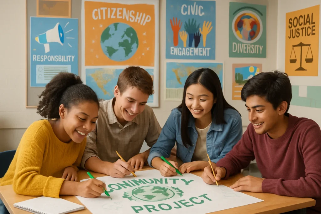 This photorealistic image beautifully captures the essence of a multicultural classroom, where students from diverse backgrounds come together to work on a community project. Their enthusiasm and collaboration are evident as they engage with educational materials promoting social responsibility and civic engagement. The surrounding environment is filled with elements that highlight inclusivity, teamwork, and a shared commitment to advocating for positive social change, making it a powerful representation of ethical awareness in action.