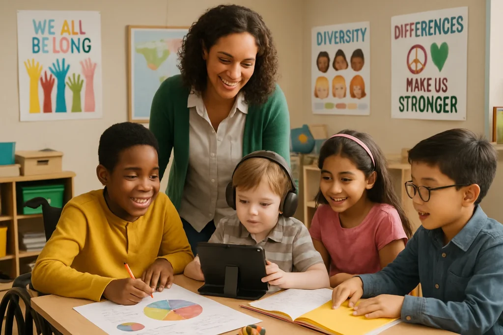 In a vibrant and inclusive classroom, a diverse group of students collaborates passionately on projects, surrounded by engaging instructional materials that cater to all abilities. A warm-hearted teacher guides them, fostering a supportive atmosphere where each student's unique strengths shine bright. Bright posters celebrating cultural diversity adorn the walls, enhancing the sense of belonging as these young learners thrive together in a space designed for creativity and growth.