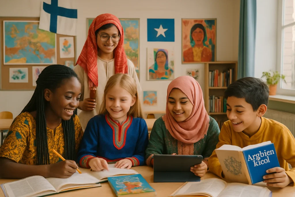 This vibrant photorealistic image captures a diverse classroom in Finland, where students from various cultural backgrounds collaborate in a warm and inclusive environment. The room is adorned with cultural artifacts, traditional clothing, and multilingual resources, highlighting the rich tapestry of cultural identities. Engaged in dynamic learning activities, the students embody the spirit of acceptance and teamwork, showcasing the beauty of multicultural education.
