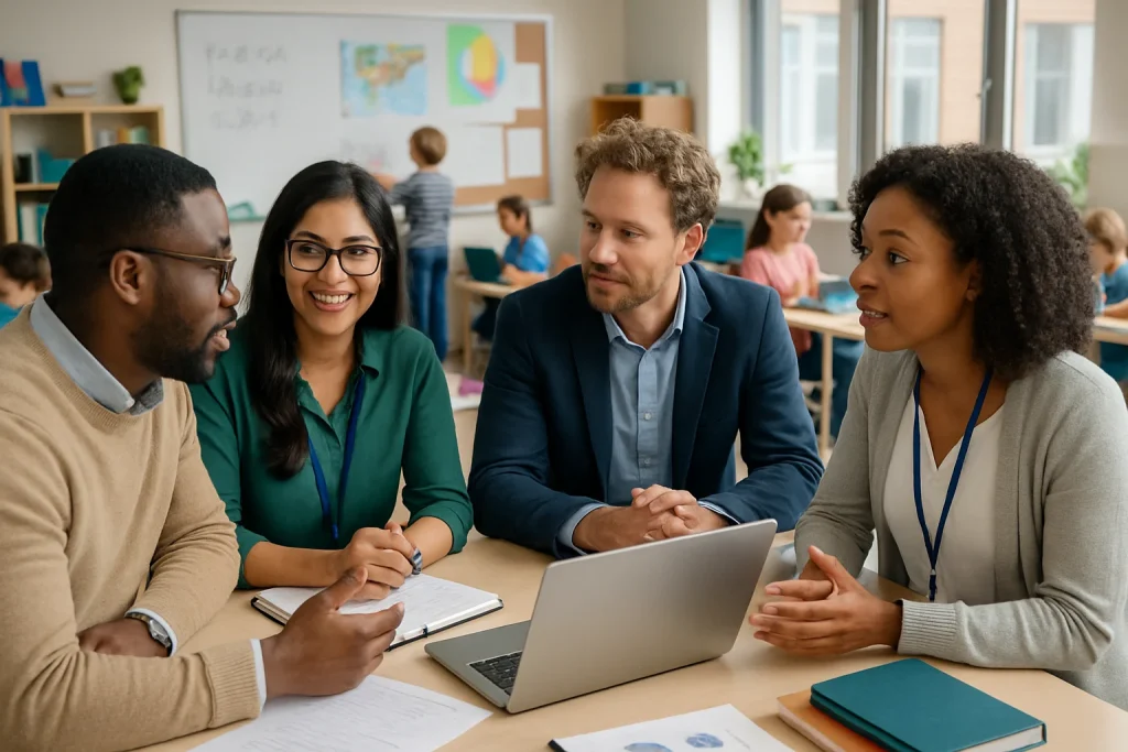 A vibrant scene captures a diverse group of passionate educators collaborating in a bright, modern classroom. With various backgrounds, the teachers engage in dynamic discussions, fostering an environment where inclusivity thrives. Educational materials and technology surround them, while students participate actively in individualized learning activities. The image radiates professionalism and warmth, embodying a shared commitment to student-centered learning and personal growth.